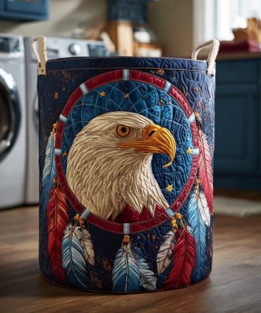 Tribal Storm Quilted Eagle Laundry Basket — Bold Tribal Feather Hamper, Collapsible Fabric Storage Bin For Stylish Bedrooms & Cabins