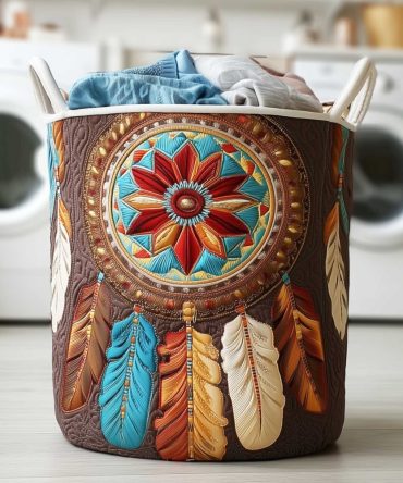 Tribal Sunburst Dreamcatcher Quilted Laundry Hamper , Large Foldable Basket, Reinforced Handles & Bold Boho Design For Stylish Home Storage