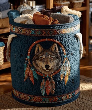 Tribal Wolf Quilted Laundry Hamper - Geometric Wolf Print Collapsible Fabric Basket, Heavy-Duty & Stylish Storage For Home