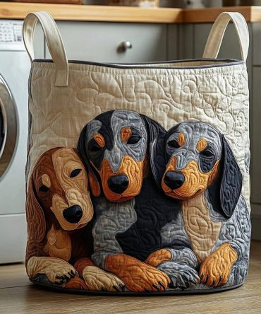 Trio Snuggle Dachshund Quilted Laundry Hamper - Cute Canine Fabric Basket, Collapsible Padded Hamper With Reinforced Handles For Everyday Use