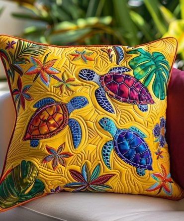 Tropical Turtles Quilted Pillow Cover — Vibrant Coastal Turtle Throw Pillowcase For Patio, Living Room & Beach House Decor , Soft Fabric