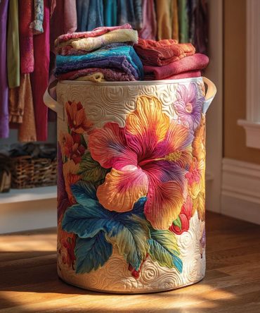 Tropical Bloom Quilted Fabric Laundry Hamper — Vibrant Foldable Laundry Basket With Handles For Beachy Bedroom & Bathroom Décor