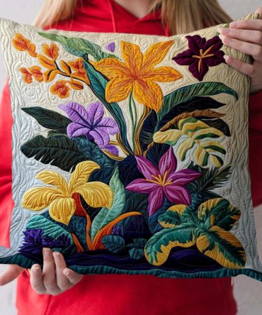 Tropical Bloom Quilted Throw Pillow Cover – Vibrant Floral Decorative Cushion Case For Summer-Inspired Home Decor (Soft, Durable, Washable)