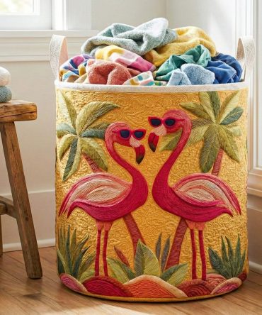 Stylish Quilted Flamingo Laundry Hamper – Large Tropical Flamingo Print, Foldable Fabric Basket With Handles, Machine-Washable