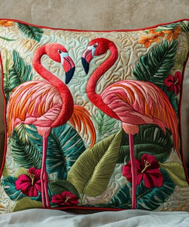 Tropical Flamingo Quilted Decorative Pillowcase – Exotic Flamingo Print Sham, Plush Quilting For Island-Inspired Bedroom & Couch Accents
