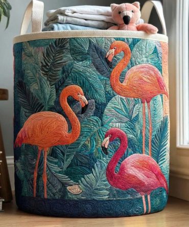 Tropical Flamingo Trio Quilted Laundry Hamper – Playful Flamingo Collapsible Fabric Basket With Handles For Stylish Storage