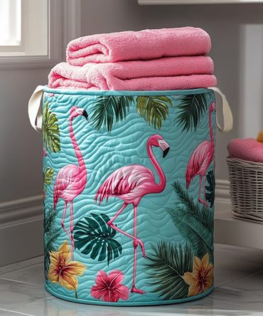 Tropical Flamingos Quilted Collapsible Laundry Hamper - Vibrant Flamingo Print Washable Storage Basket For Bedroom & Poolside