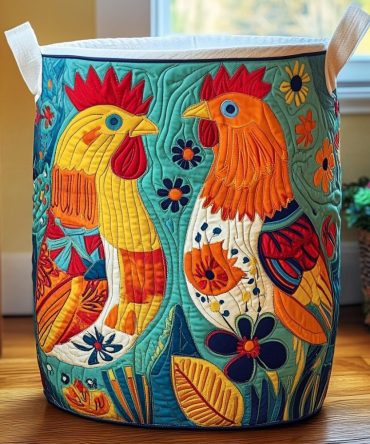 Tropical Rooster Quilted Fabric Laundry Hamper - Large Decorative Collapsible Laundry Basket With Handles, Lined For Bedroom & Bath