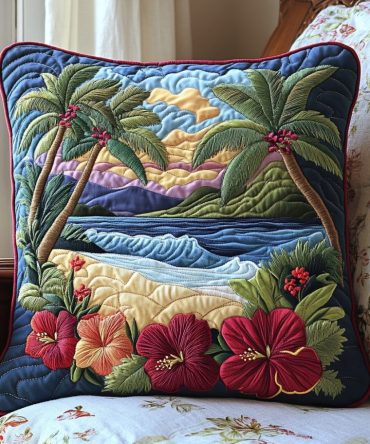 Tropical Serenity Quilted Pillow Cover - Lush Palm Accent Decorative Throw Pillowcase For Indoor & Outdoor Living