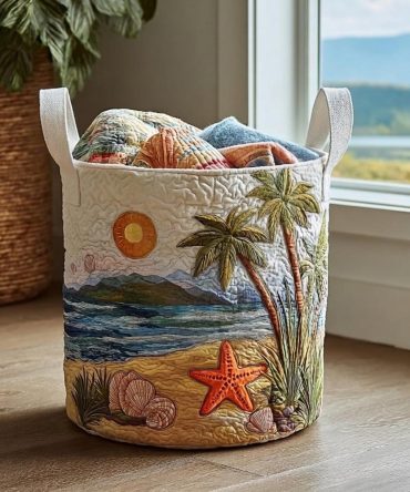 Tropical Shore Quilted Laundry Hamper - Vibrant Foldable Laundry Basket With Durable Handles, Beachy Storage For Clothes & Linens