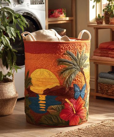 Tropical Sunset Quilted Laundry Hamper — Vibrant Coastal Pattern Foldable Fabric Storage Basket, Breathable & Machine-Washable — Shop Now