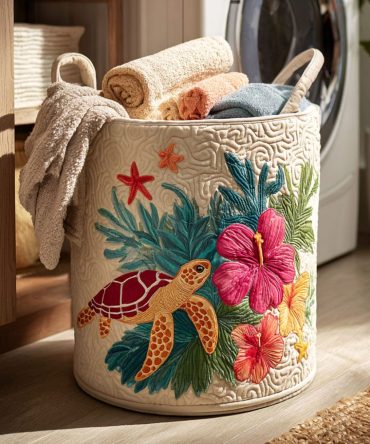 Tropical Turtle Quilted Laundry Hamper - Fun Foldable Fabric Laundry Basket With Handles, Machine-Washable Liner & Kid-Friendly Storage