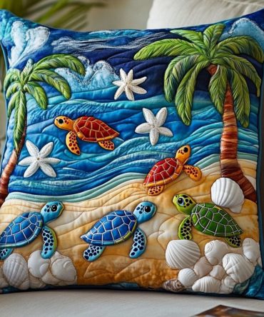 Tropical Turtle Trail Quilted Pillow Case — Vibrant Sea Turtle Print Decorative Cover, Soft Cotton-Blend, Hypoallergenic & Washable