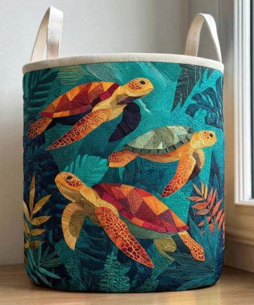 Tropical Turtle Trio Quilted Laundry Hamper – Large Cute Turtle Print, Collapsible Fabric Basket With Sturdy Handles, Kid-Friendly