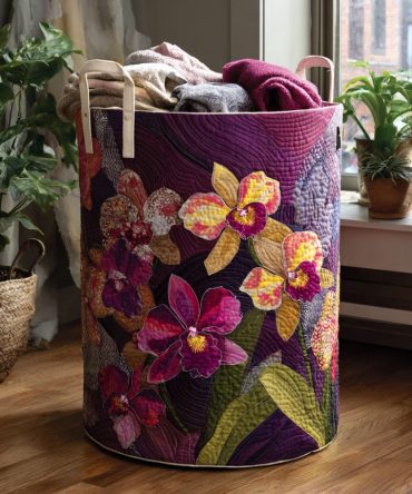Tropical Velvet Quilted Hamper — Lush Palm Print Velvet Laundry Basket, Plush Collapsible Fabric Storage With Carry Handles