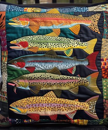 Trout Splash Quilted Pillow Cover — Dynamic Fish Motion Throw Pillowcase, Watercolor Design, Durable & Machine Washable