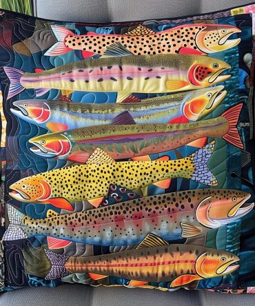 Trout Treasures Quilted Pillow Cover — Handcrafted Fish Art Throw Pillowcase For Outdoorsy Home Decor, Durable & Comfortable
