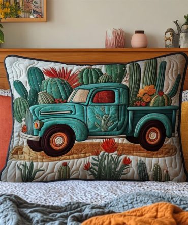 Southwest Truck & Cactus Quilted Pillow Cover — Decorative Cotton-Blend Throw Pillow Case For Rustic Home & Desert-Themed Rooms
