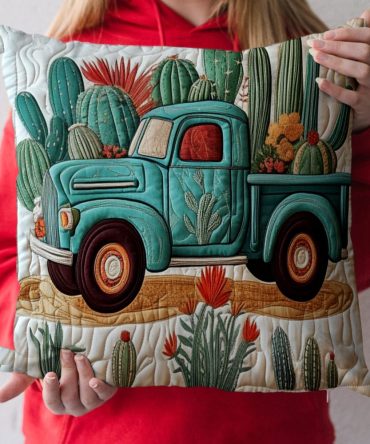 Rustic Truck & Cactus Quilted Pillow Cover — Vintage Pickup And Cactus Accent, Textured Quilted Sham With Hidden Zipper, Machine-Washable Farmhouse Favorite