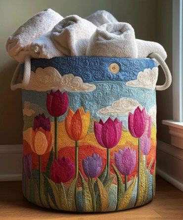 Tulip Daylight Quilted Laundry Hamper – Elegant Floral Laundry Basket, Large Collapsible Home Storage With Soft Quilted Finish & Handles