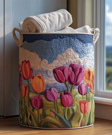 Tulip Dream Quilted Laundry Hamper — Floral Tulip Print, Foldable Fabric Basket With Handles For Bedroom & Closet Storage