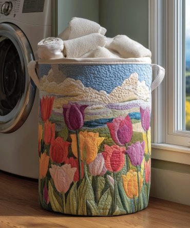 Tulip Field Quilted Laundry Hamper — Floral Fabric Basket With Handles For Bright, Stylish Bedroom & Laundry Room Storage