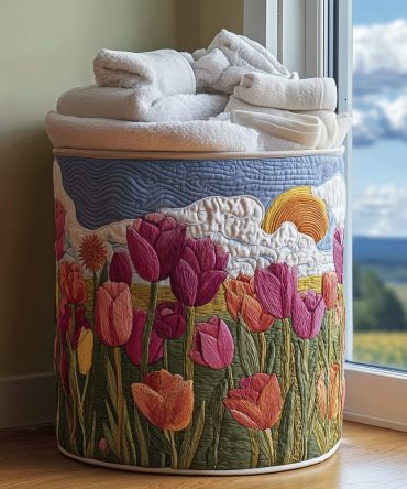 Tulip Garden Floral Quilted Laundry Hamper — Foldable Fabric Basket With Handles For Bedroom, Nursery & Stylish Home Storage