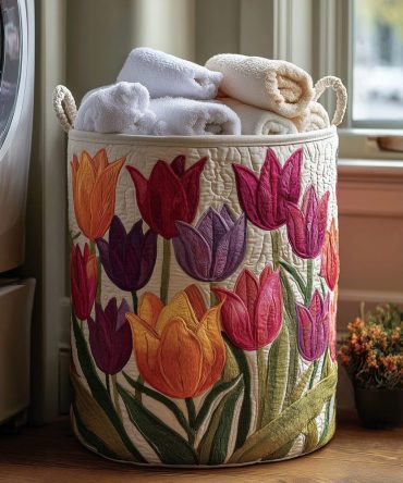 Large Quilted Tulip Laundry Hamper — Stylish Floral Fabric Basket With Handles, Foldable Storage, Durable & Machine-Washable