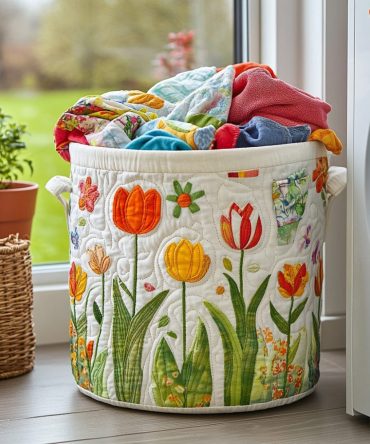 Tulips Dream Quilted Laundry Hamper — Cheerful Tulip-Print Fabric Basket, Collapsible With Sturdy Handles For Bedroom, Nursery & Bathroom Storage