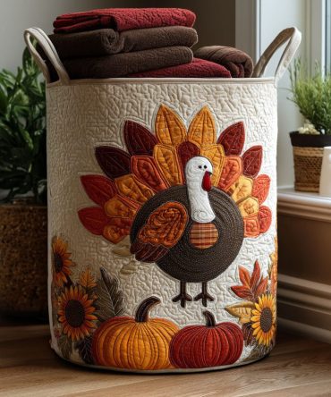 Turkey Time Quilted Laundry Hamper — Thanksgiving-Themed Foldable Fabric Basket, Durable & Washable With Easy-Carry Handles For Seasonal Decor