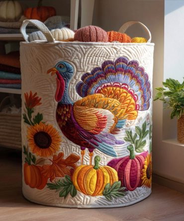 Turkey Trot Delight Quilted Laundry Hamper - Festive Thanksgiving Print Fabric Basket, Foldable Durable Seasonal Laundry Organizer