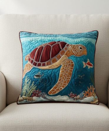 Turtle Harmony Quilted Throw Pillow Cover — Coastal Sea Turtle Decorative Pillow Case For Beach House, Nautical & Ocean-Themed Rooms