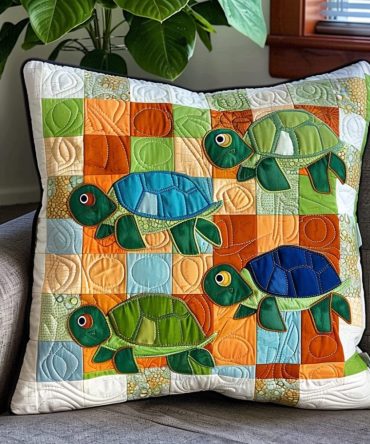 Turtle Patch Quilted Pillow Cover — Cozy Patchwork Turtle Throw Pillowcase For Sofa, Nursery & Patio , Soft Quilted Texture