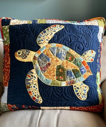 Sea Turtle Quilted Pillow Cover — Turtle Tides Coastal Pillowcase, Eco-Friendly Cotton Blend, Beach-Themed Home Decor