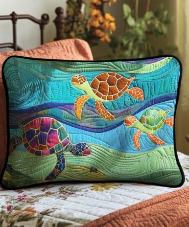 Turtle Trio Quilted Pillow Cover – Playful Coastal Decorative Pillowcase With Turtle Motif, Soft Quilted Accent For Beachy Home Décor