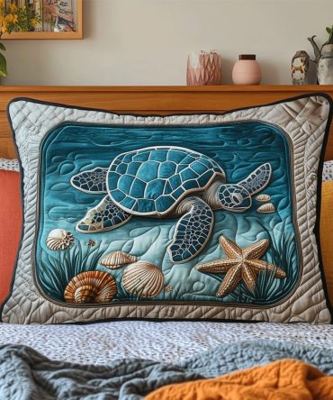 Turtle Waves Quilted Pillowcase — Coastal Sea Turtle Design Decorative Pillow Cover, Beachy Nautical Accent, Soft Quilted Cotton-Blend
