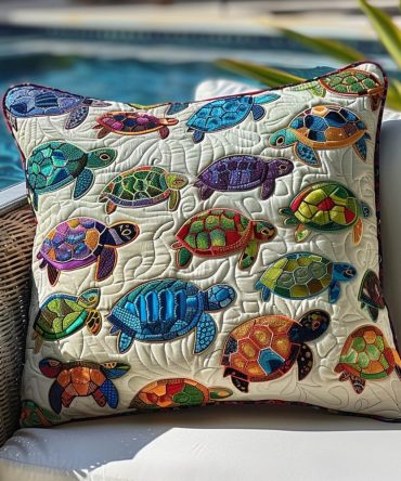 Turtle Wonderland Quilted Pillow Cover — Playful Sea Turtle Throw Pillowcase For Beach-Themed Rooms & Kids’ Spaces , Machine Washable