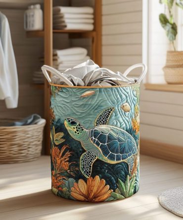 Turtle Bay Coastal Quilted Laundry Hamper – Ocean-Inspired Foldable Storage Basket With Handles For Bathroom, Bedroom & Dorm