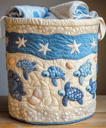 Turtle Bay Quilted Laundry Hamper — Nautical Turtle Design Foldable Laundry Basket With Handles For Stylish Bathroom & Beach Home Organization