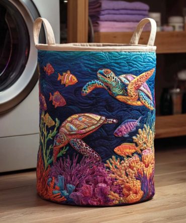 Turtle Bay Quilted Laundry Hamper — Coastal Turtle Print Collapsible Fabric Basket With Handles, Beachy Decorative Storage