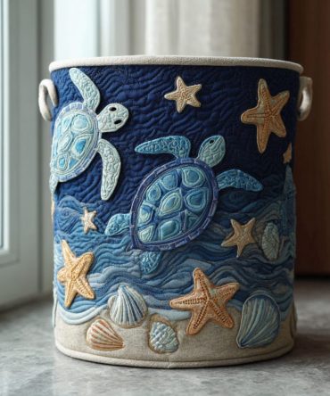 Coastal Turtle Quilted Laundry Hamper — Large Foldable Fabric Basket, Durable Cotton-Blend, Cute Beach Decor Storage