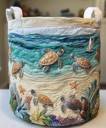 Turtle Coast Quilted Laundry Hamper - Coastal Quilted Basket With Durable Lining, Collapsible Beach-Themed Laundry Hamper For Home