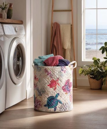 Turtle Dreams Quilted Laundry Hamper - Cute Foldable Fabric Basket With Carry Handles , Sturdy Lightweight Organizer For Kids & Adults