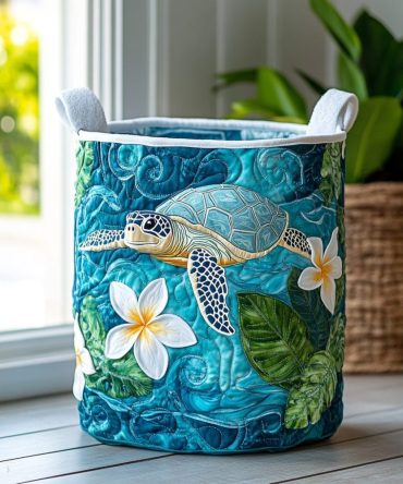 Turtle Drift Quilted Laundry Hamper - Coastal Turtle Print Foldable Fabric Laundry Basket, Durable & Easy-Care