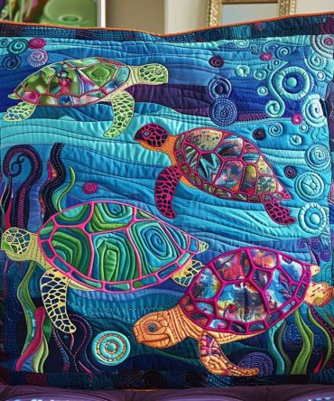 Turtle Escape Quilted Pillow Cover — Playful Sea Turtle Design With Soft Quilting, Machine Washable Accent For Beach Homes
