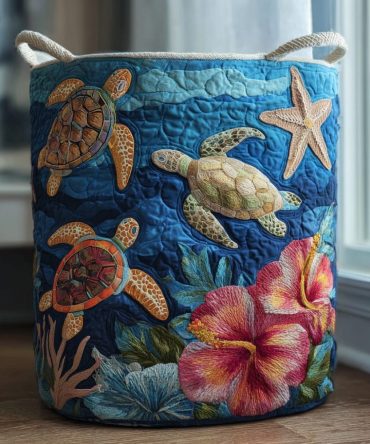 Turtle Flow Quilted Laundry Hamper — Coastal Turtle Print Foldable Fabric Laundry Basket, Durable Nursery & Beach-Themed Storage
