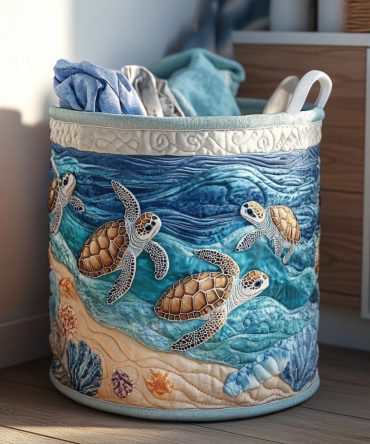 Turtle Haven Quilted Laundry Hamper – Foldable Ocean-Themed Fabric Basket With Handles, Durable Coastal Storage For Home