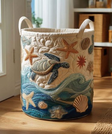 Turtle Haven Quilted Laundry Hamper – Coastal Turtle Print, Soft Quilted Fabric, Collapsible & Machine-Washable With Carry Handles