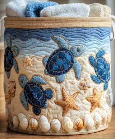 Turtle Journey Quilted Laundry Hamper — Coastal Turtle Print Foldable Laundry Basket With Handles For Beachy Home Storage