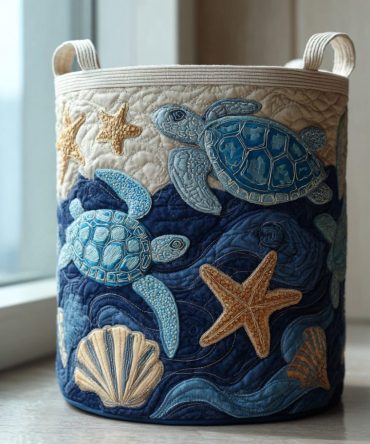 Turtle Path Quilted Laundry Hamper — Playful Turtle Print Fabric Basket, Collapsible Laundry Bin With Sturdy Handles